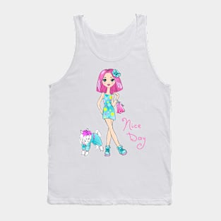 Pop Art girl in dress with dog Tank Top